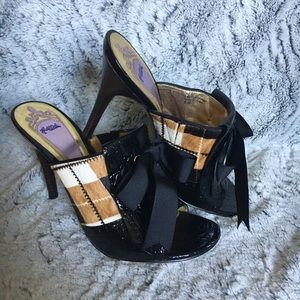 Hale Bob Leather w Plaid Open Toe Heels